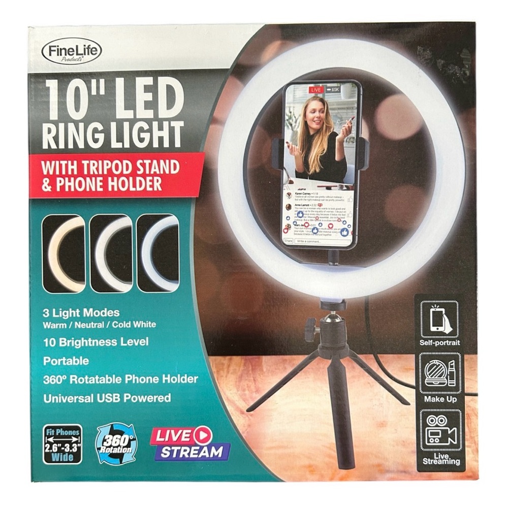 FineLife 10" LED Ring Light with Tripod and Phone Holder